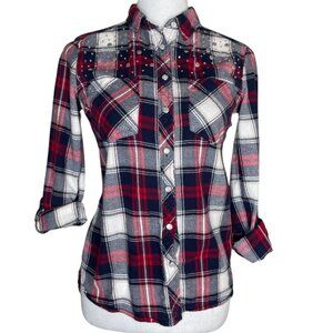 Be Cool Women Plaid Red Long Sleeve Stud Button-Down Shirt Studded Front Sz S